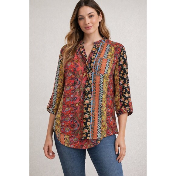 Wishful Park Tops - Vintage Y2K Wishful Park Tunic Top XL Popover Hippie Boho Floral Roll Tab